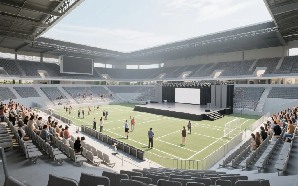 球场内部多功能空间示意：可移动看台、可变舞台与社区活动布局